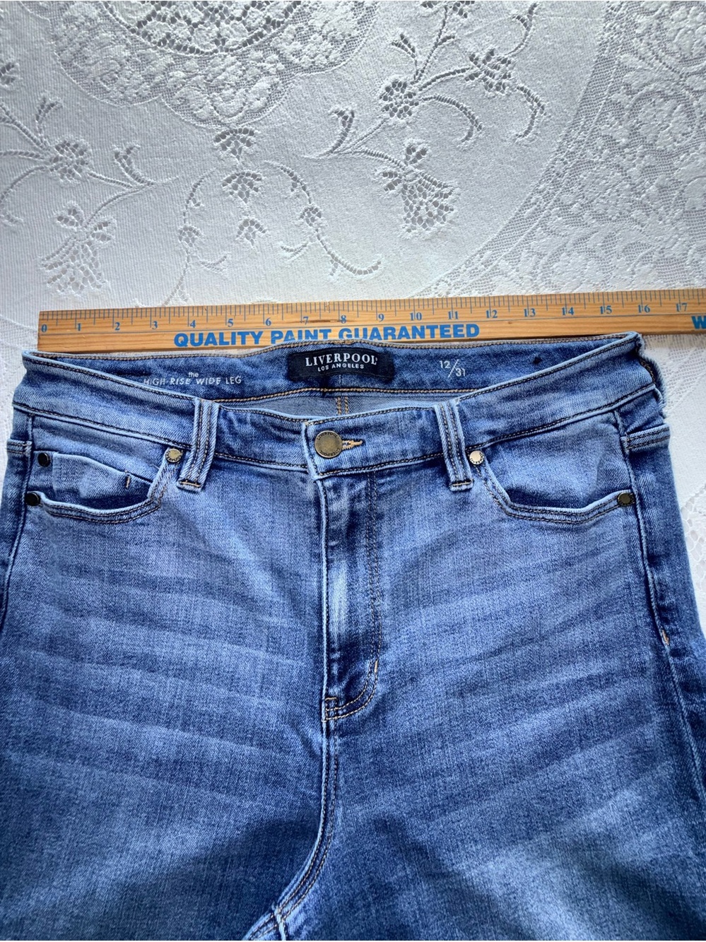Liverpool woman’s high-rise Wide-Leg raw hem cropped Jeans in Dark‎ Blue 12/31 - Picture 8 of 16